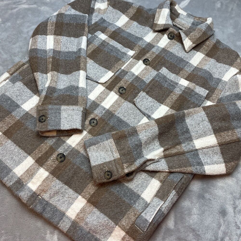 Zara Mens Heavy Twill Overshirt Shacket Size M Tan Gray Plaid Relaxed Fit Shirt